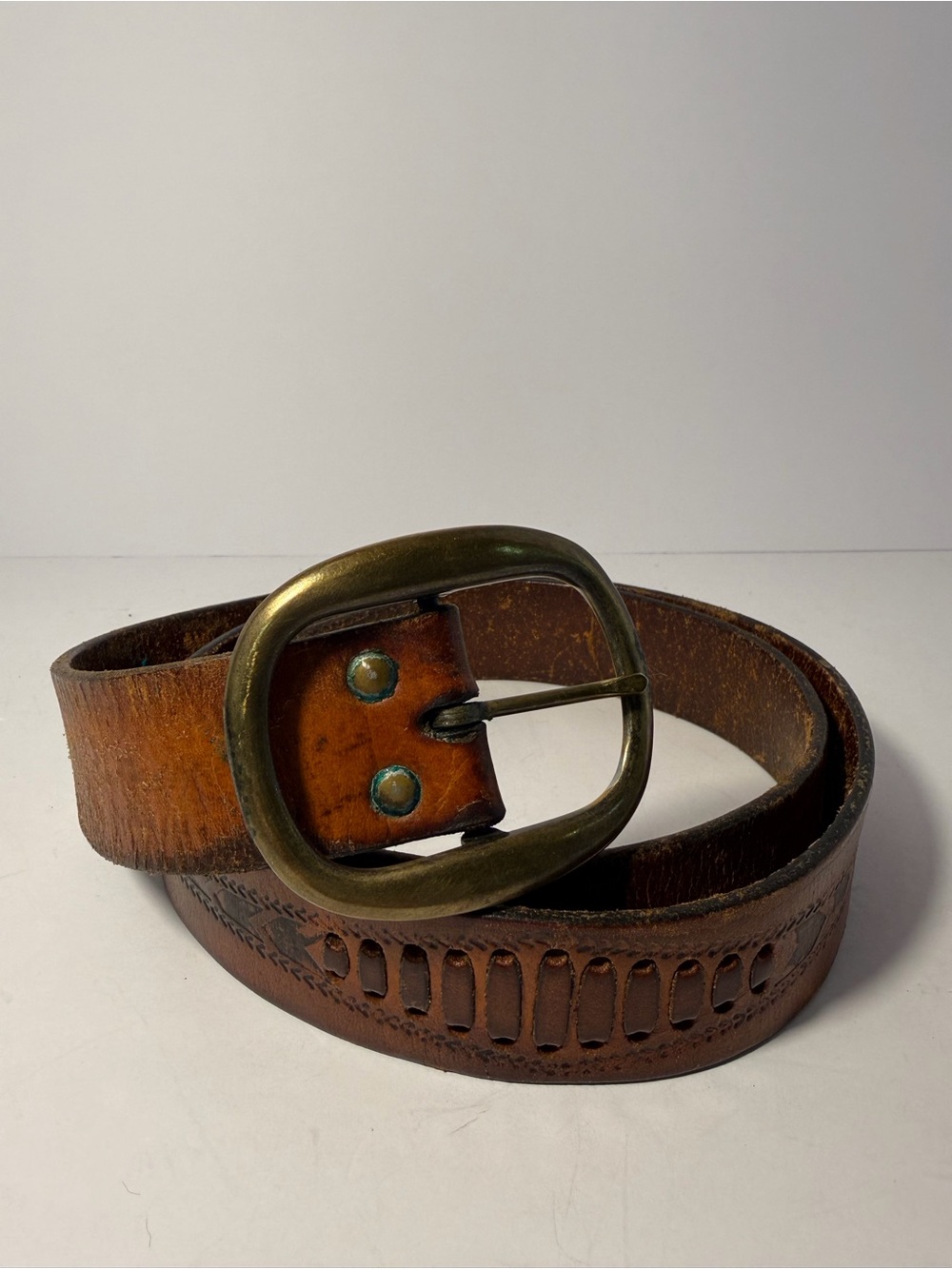 Rare Vintage 70s Artisan Hand Tooled Leather Belt XL